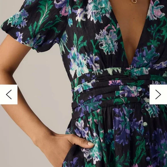 Anthropologie THE KATERINA BUTTON-FRONT DRESS - Black, Green, and Purple Floral - Picture 4 of 8